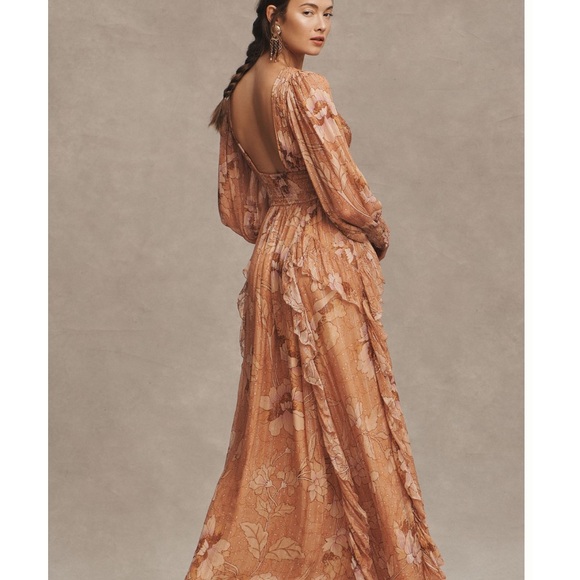 BHLDN V-Neck Long Sleeve Printed Chiffon Gown - Picture 3 of 5